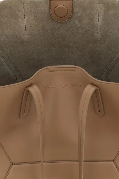 Brunello Cucinelli Beige Tote Bag With Logo Lettering On The Front And Geometric Panels Design In Leather Woman In White
