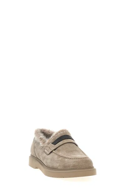 Brunello Cucinelli Suede Loafers With Monile Detail And Fur Lining In Brown