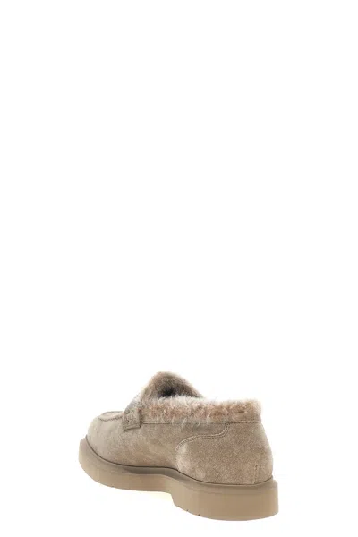 Brunello Cucinelli Suede Loafers With Monile Detail And Fur Lining In Brown