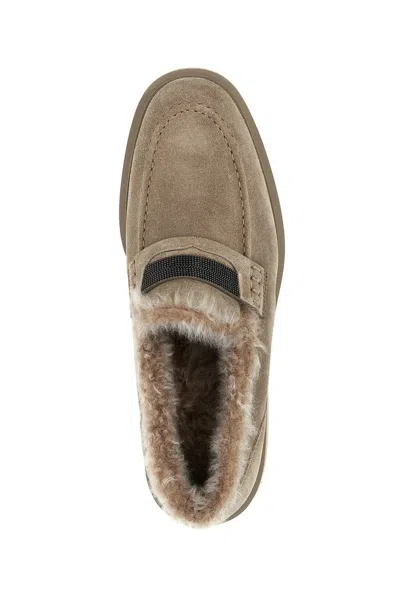Brunello Cucinelli Suede Loafers With Monile Detail And Fur Lining In Brown