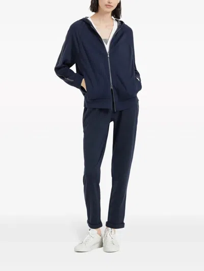 Brunello Cucinelli Hooded Sweatshirt With `precious` Stripe In Blue