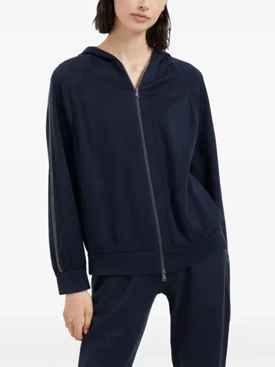 Brunello Cucinelli Hooded Sweatshirt With `precious` Stripe In Blue
