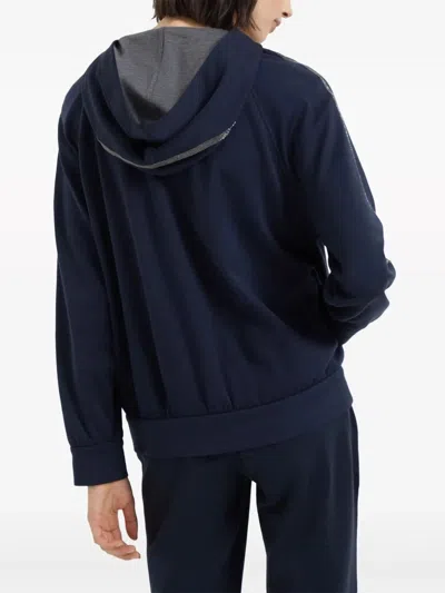 Brunello Cucinelli Hooded Sweatshirt With `precious` Stripe In Blue