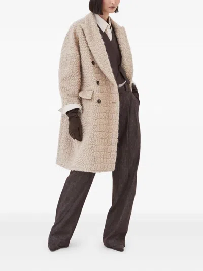 Brunello Cucinelli Boucle Double-breasted Coat Sequin Embellishment In Neutral