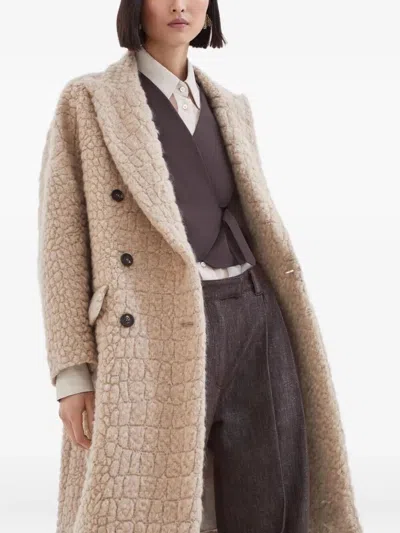 Brunello Cucinelli Boucle Double-breasted Coat Sequin Embellishment In Neutral