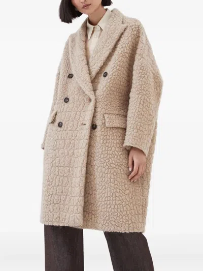 Brunello Cucinelli Boucle Double-breasted Coat Sequin Embellishment In Neutral