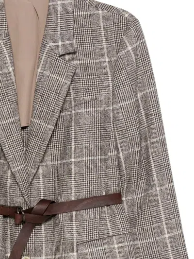 Brunello Cucinelli Belted Checked Wool Jacket With Pockets In Gray