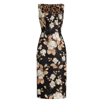 Dolce & Gabbana Rose-print Square-neck Midi Dress In Black
