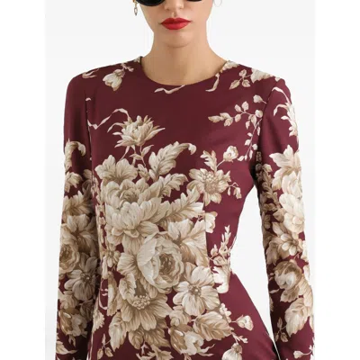 Dolce & Gabbana Floral-print Long-sleeve Midi Dress In Purple