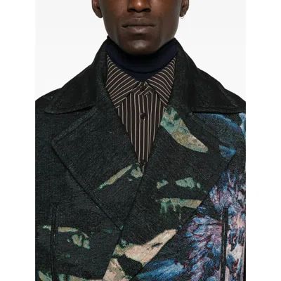 Dries Van Noten Cotton Blend Coat Floral Pattern In Blue