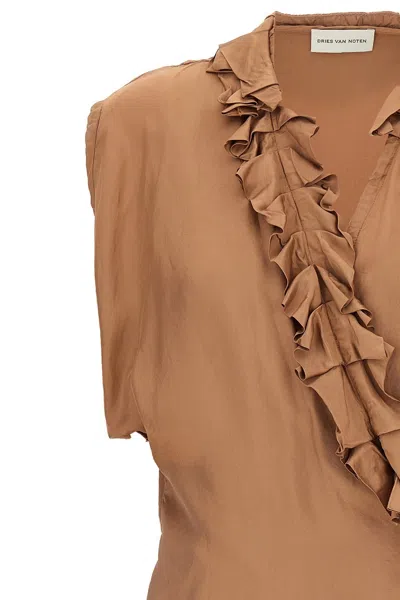 Dries Van Noten Ruffled Sleeveless Top Tie Waist In Brown