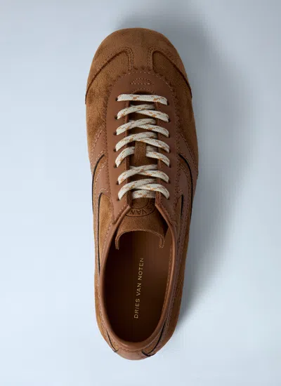 Dries Van Noten Stitched Contrast Rubber Sole Suede Panel Sneakers In Brown