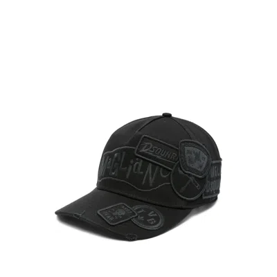 Dsquared2 Black Baseball Cap With Logo Patches Men In Black