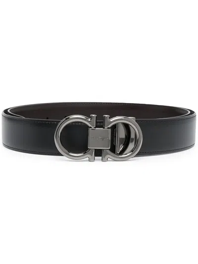Ferragamo Black And Brown Reversible Belt With Gancini Detail In Smooth Leather Man In Black