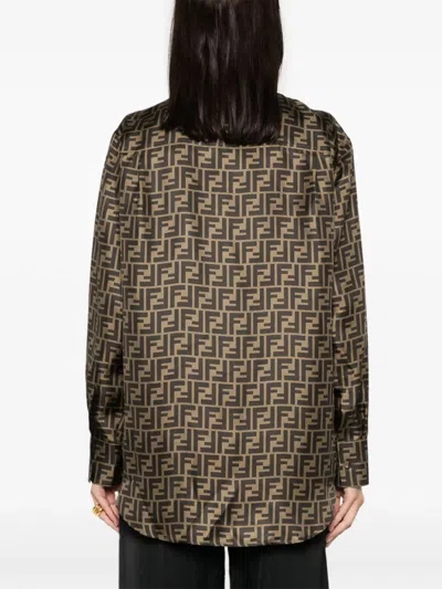 Fendi Silk Shirt With Curved Hem And Fabric-covered Buttons In Brown