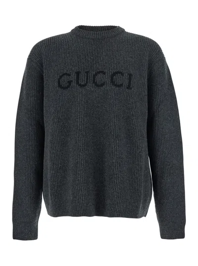 Gucci Logo-embroidered Ribbed Sweater In Gray