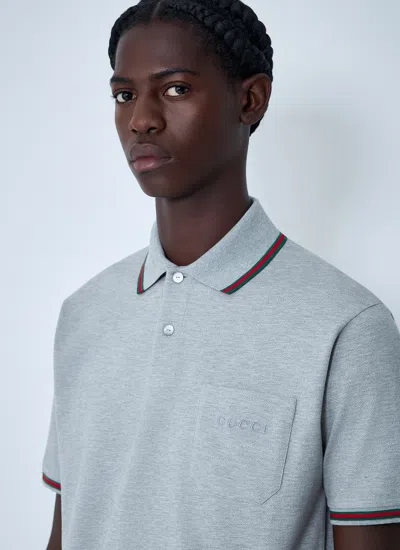 Gucci Grey Polo Shirt With Web Details And Logo Lettering On The Front In Wool Blend Man In Gray