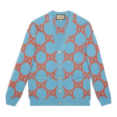Gucci Gg-intarsia Wool Cardigan In Blue