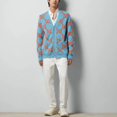 Gucci Gg-intarsia Wool Cardigan In Blue
