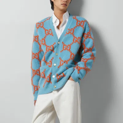 Gucci Gg-intarsia Wool Cardigan In Blue