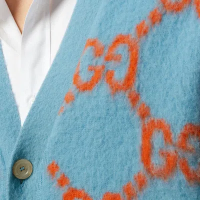Gucci Gg-intarsia Wool Cardigan In Blue