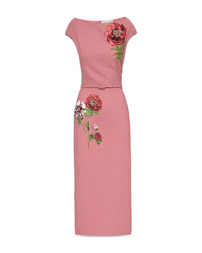 Oscar De La Renta Floral Embroidered Short Sleeve Dress In Yellow