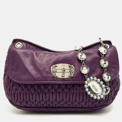 Pre-owned Miu Miu Purple Matelasse Leather Crystal Chain Flap Shoulder Bag