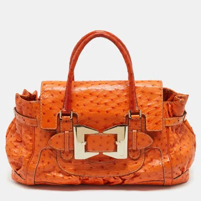 Pre-owned Gucci Orange Ostrich Large Dialux Queen Satchel