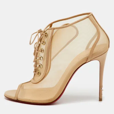 Pre-owned Christian Louboutin Beige Leather And Mesh Open Ondessa Lace Up Booties Size 37.5 In Sand