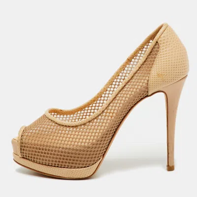 Pre-owned Giuseppe Zanotti Beige Mesh And Lizard Embossed Leather Peep Toe Platform Pumps Size 36 In Sand