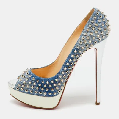 Pre-owned Christian Louboutin Blue/white Denim Spikes Lady Peep Platform Pumps Size 41
