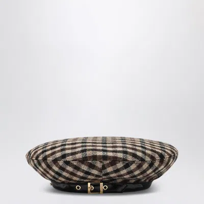 Ganni Checkered Wool Beret Featuring Buckle Detail In Brown