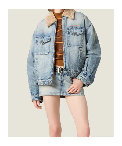 Miu Miu Denim And Shearling Trucker Jacket In Blue