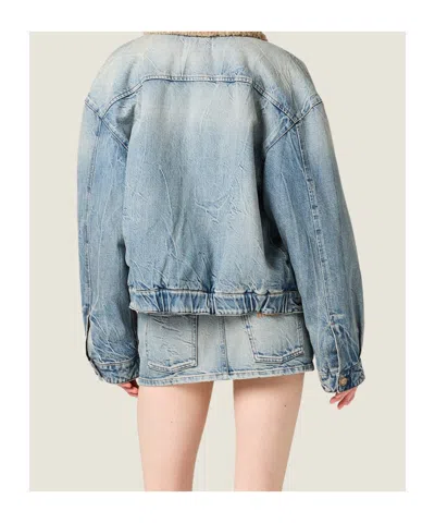Miu Miu Denim And Shearling Trucker Jacket In Blue