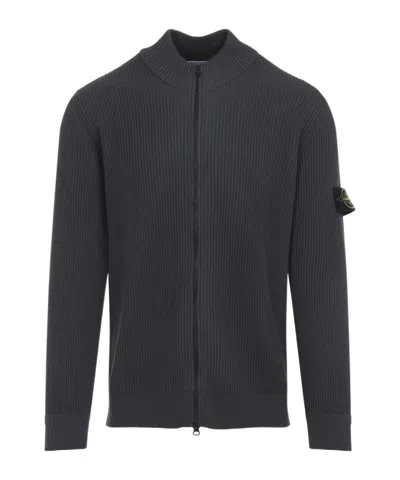 Stone Island Ribbed Zip-up Sweater With High Collar In Gray
