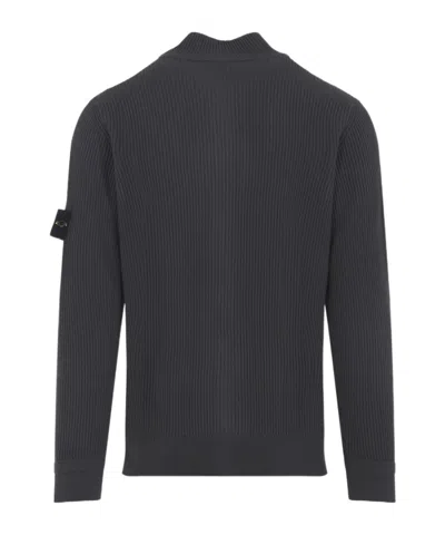 Stone Island Ribbed Zip-up Sweater With High Collar In Gray
