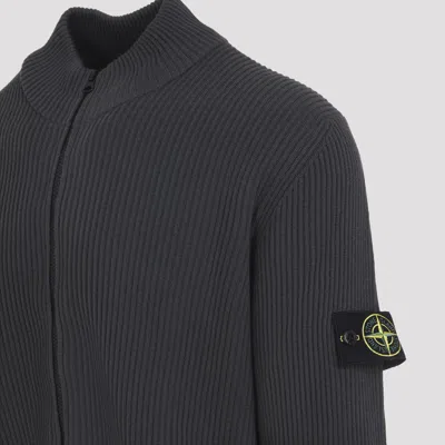 Stone Island Ribbed Zip-up Sweater With High Collar In Gray