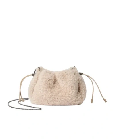Brunello Cucinelli Women Mellow Mini Shearling Shoulder Bag In Neutral