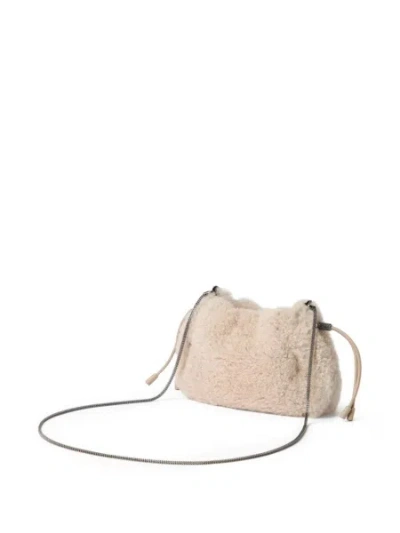 Brunello Cucinelli Women Mellow Mini Shearling Shoulder Bag In Neutral