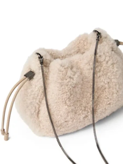 Brunello Cucinelli Women Mellow Mini Shearling Shoulder Bag In Neutral