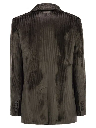 Peserico Velvet Blazer With Thousand Stripes In Green