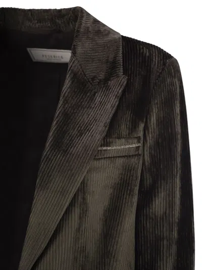 Peserico Velvet Blazer With Thousand Stripes In Green