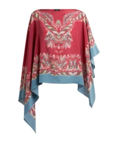 Etro Asymmetric Silk Poncho Top With Placed Print In Red