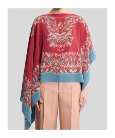 Etro Asymmetric Silk Poncho Top With Placed Print In Red