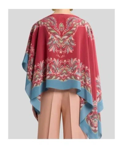 Etro Asymmetric Silk Poncho Top With Placed Print In Red