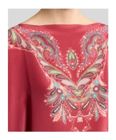 Etro Asymmetric Silk Poncho Top With Placed Print In Red