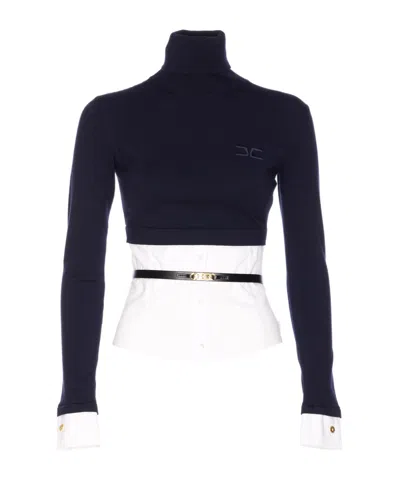 Elisabetta Franchi Turtleneck Top With Contrasting Poplin Insert And Logo Buckle In Black