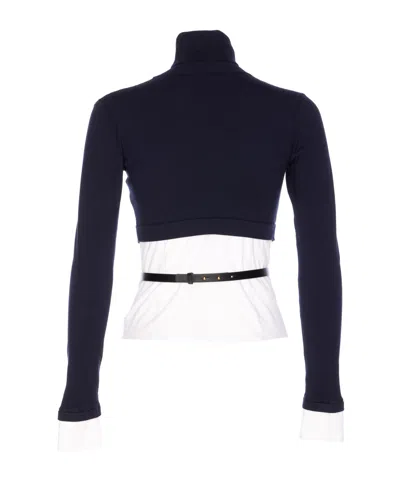 Elisabetta Franchi Turtleneck Top With Contrasting Poplin Insert And Logo Buckle In Black