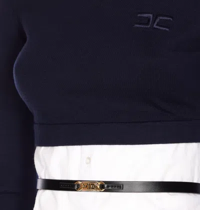 Elisabetta Franchi Turtleneck Top With Contrasting Poplin Insert And Logo Buckle In Black