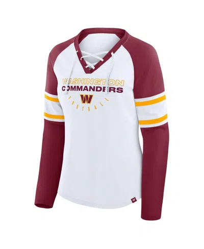 Fanatics Women's White/burgundy Washington Commanders Redzone Blitz Package Raglan Lace-up V-neck Long Sleeve In Multi